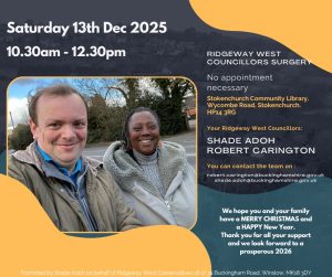 Flyer promoting Ridgeway West Councillor Surgery on Saturday 13th December 2025 with image of Cllr Adoh and Cllr Carrington